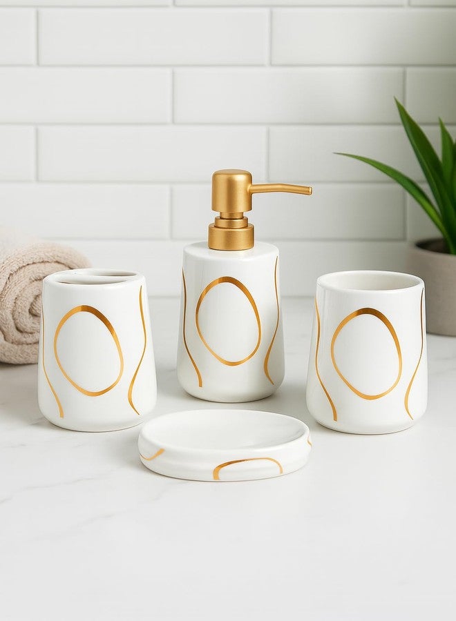 Whizzo Premium White & Gold Ceramic Bathroom Accessories Set | 4-Piece Luxury Bathroom Set with Soap Dispenser, Toothbrush Holder, Tumbler & Soap Dish for Modern Homes & Hotels (BS-802, White) - Image 4